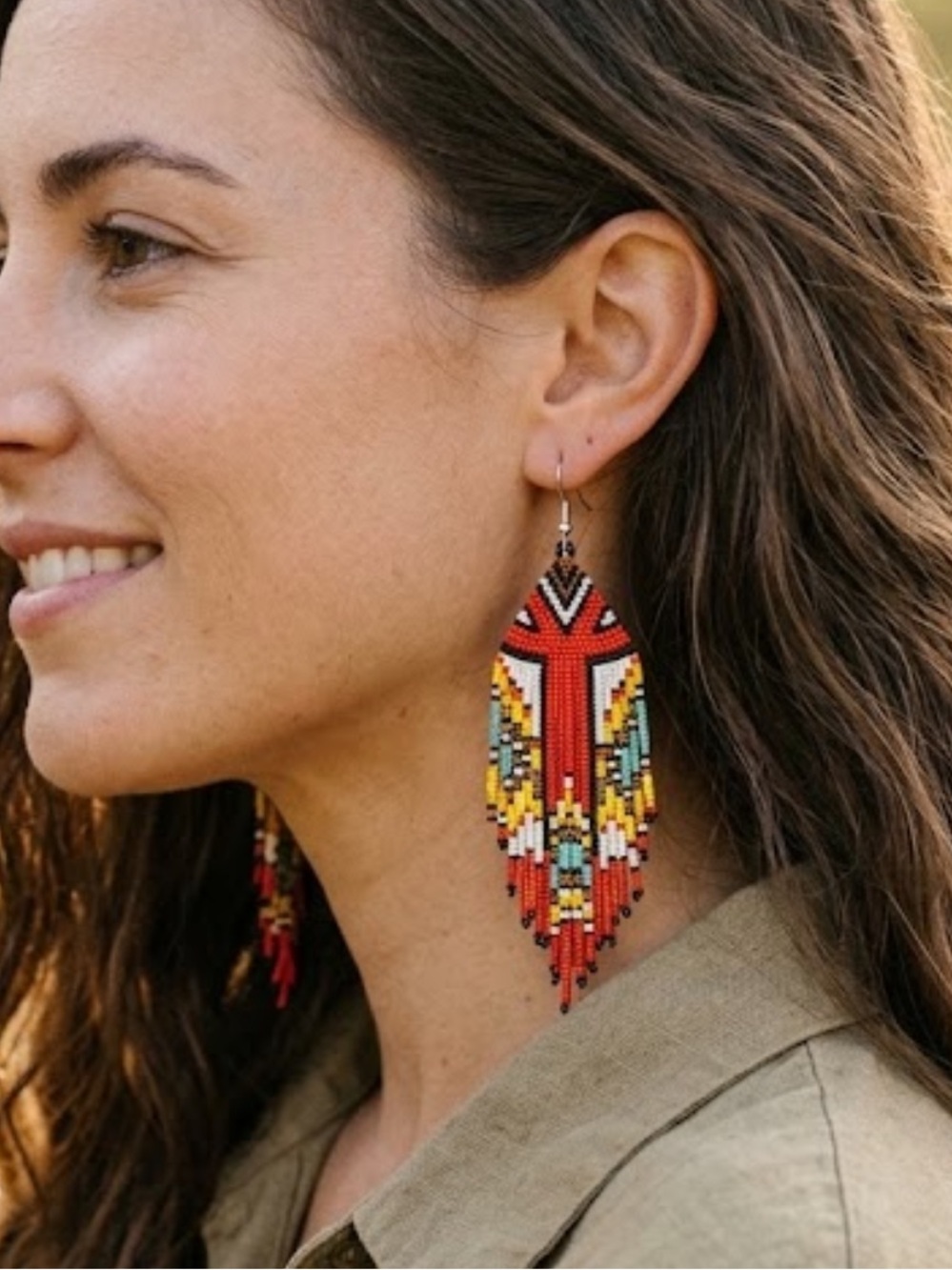 NWT Red Beaded Fringe Earrings Boho Southwestern Seed Bead Statement Dangle 6.5”